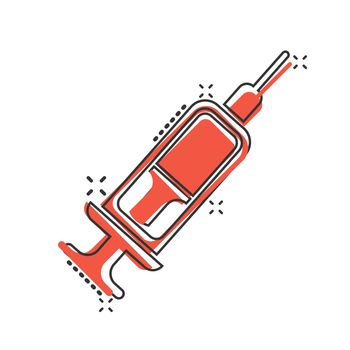 Syringe icon in comic style. Coronavirus vaccine inject cartoon vector illustration on isolated background. Covid-19 vaccination splash effect sign business concept.