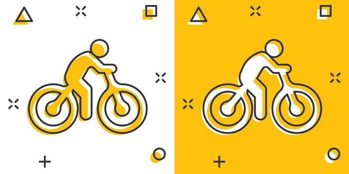 Bicycle icon in comic style. Bike with people cartoon vector illustration on white isolated background. Rider splash effect business concept.