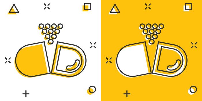 Vitamin pill note icon in comic style. Capsule cartoon vector illustration on white isolated background. Antibiotic splash effect sign business concept.