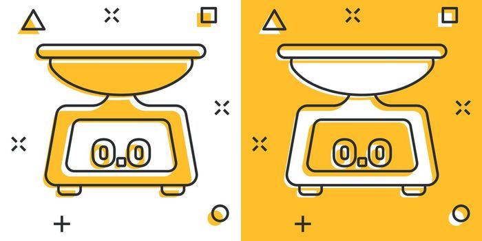 Weight scale icon in comic style. Mass measurement cartoon vector illustration on isolated background. Overweight splash effect sign business concept.