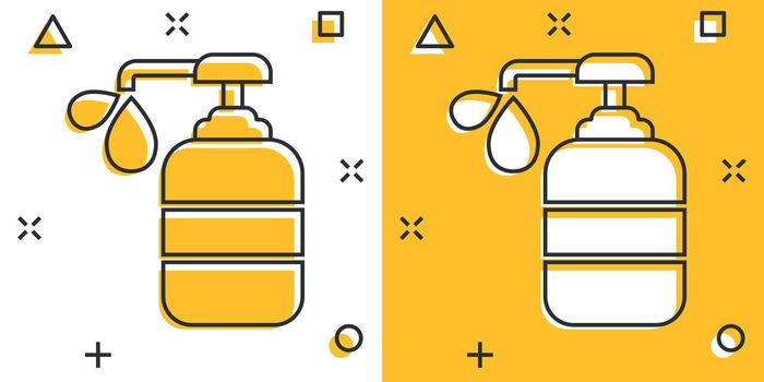 Hand sanitizer icon in comic style. Antiseptic bottle cartoon vector illustration on isolated background. Disinfect gel splash effect sign business concept.