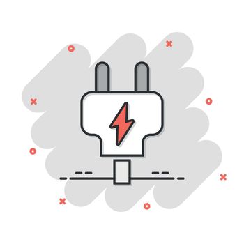 Electric plug icon in comic style. Power adapter cartoon vector illustration on white isolated background. Electrician splash effect sign business concept.