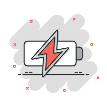 Battery icon in comic style. Accumulator cartoon vector illustration on white isolated background. Energy charger splash effect business concept.