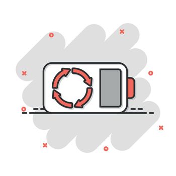 Battery icon in comic style. Accumulator cartoon vector illustration on white isolated background. Energy charger splash effect business concept.