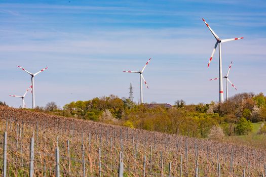 Many wind turbines disfigure the landscape with vines in rural Rhineland, Germany