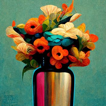 Vase with spring multicolor flowers bouquet.