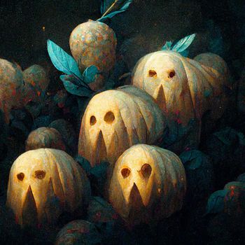Pumpkins In Graveyard In The Spooky Night - Halloween Backdrop.