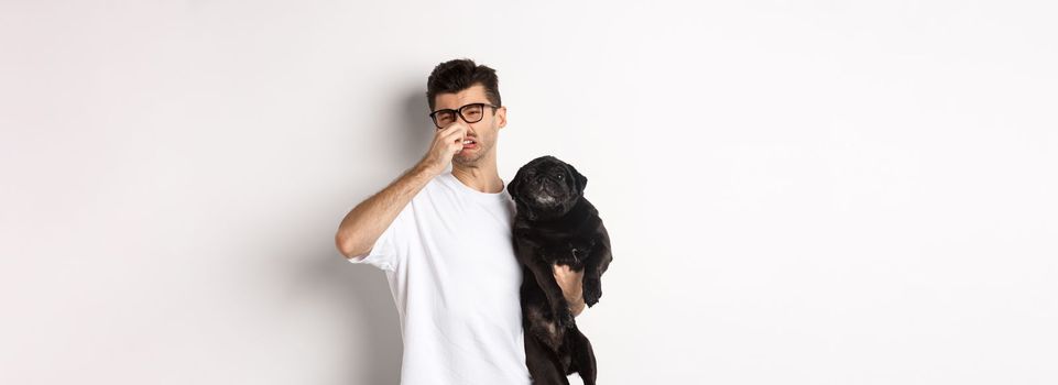 Young man shut nose as holding pug, disgusted with bad smell fart of animal, standing over white background