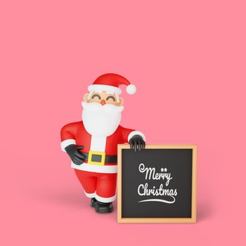 3d rendering of santa pose with merry christmas signboard
