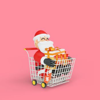 3d rendering of santa sliding on a trolley with lots of gifts