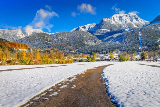 Road in alpine woodland and snowy pine woods in bavarian Alps at autumn, Germany