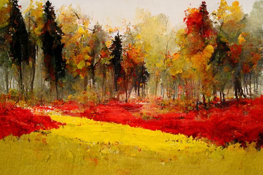 Autumn forest landscape. Colorful watercolor painting of fall season. Red and yellow trees. 