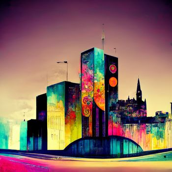 Abstract buildings in city on watercolor painting. City on digital generated illustrated contemporary art.