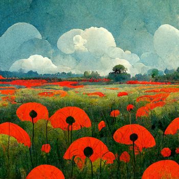 Beautiful poppy field and cloudy sky. Spring flower background, shallow depth of field. Field of wild flowers.