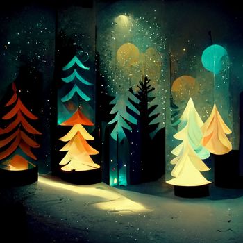 Splendid view of snow-capped spruces on a frosty evening. Fabulous nature digital generated illustration. 