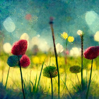 Flower painting. Wildflowers white daisies, yellow beautiful flowers in grass on field. Digital generated landscape impressionism artwork.