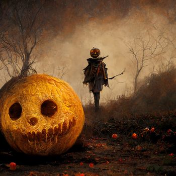 Pumpkin In Graveyard In The Spooky Night - Halloween Backdrop.