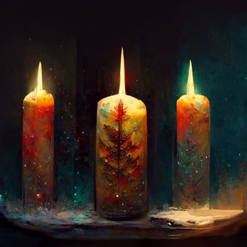 Three candles with warm atmosphere. Candlelight Christmas card template.