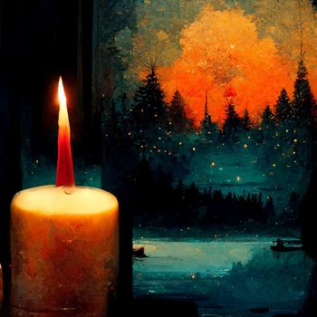 Three candles with warm atmosphere. Candlelight Christmas card template.