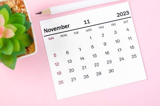 The November 2023 Monthly calendar for 2023 year on pink background.