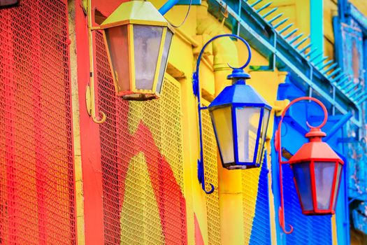 Colorful facade on Caminito Street with Street lamps, in Buenos Aires, Argentina