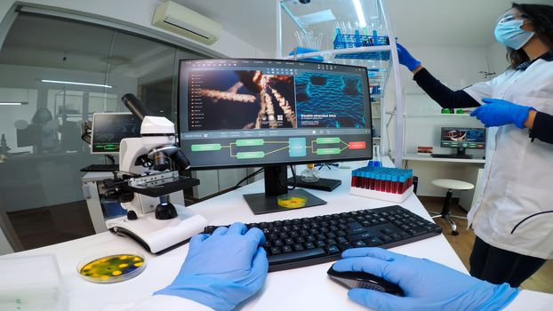 POV of man biologist checking DNA informations typing on pc