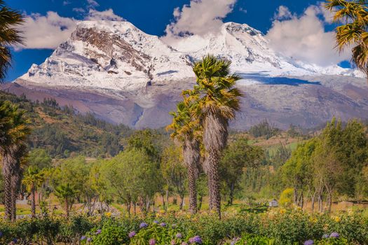 Huascaran Mountain and Yungay in Cordillera Blanca, snowcapped Andes, Ancash, Peru