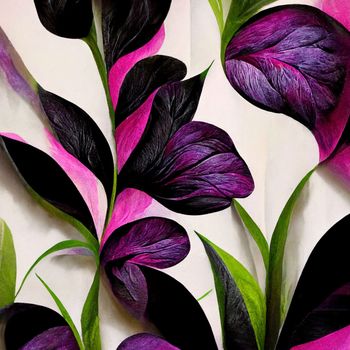 Purple and pink watercolor flowers with green stems and leaves. 