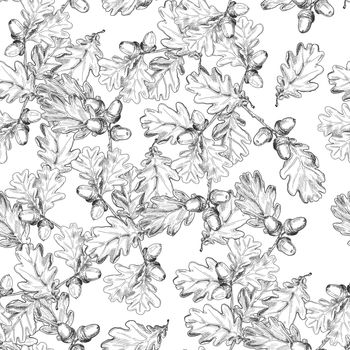 Oak foliate twigs and acorns outline seamless pattern for wrapping paper, greeting cards, posters, banners, packaging.