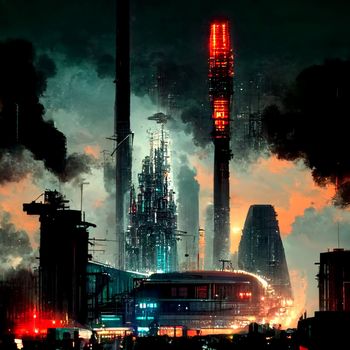 Abstract art illustration with surreal cyber punk industrial urban city landscape.