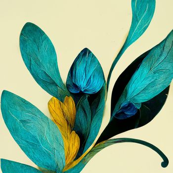 Teal and yellow abstract flower Illustration for prints, wall art, cover and invitation. Watercolor art background. Digital generated wallpaper design with flower paint brush line art. 