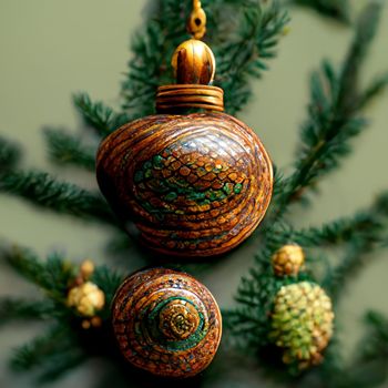 Brown and golden christmas decorations on fir tree, ornament background. 