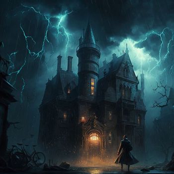 A man walking to a mysterious old castle on a stormy night