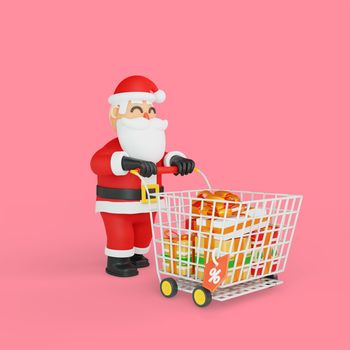 3d rendering of santa shopping for gifts on discount
