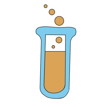 Illustration of a test tube with orange liquid and bubbles. Science chemical icon.