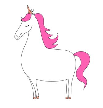 Unicorn with a pink mane. Doodle horse. Vector simple kid illustration.