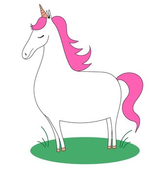 Unicorn with a pink mane on the grass. Doodle horse. Vector simple kid illustration.