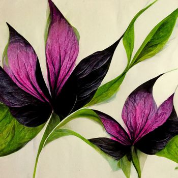 Purple and black watercolor flowers with green stems and leaves. 