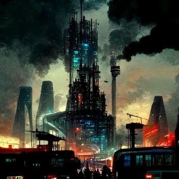 Abstract futuristic art illustration with surreal cyber punk industrial urban city landscape.