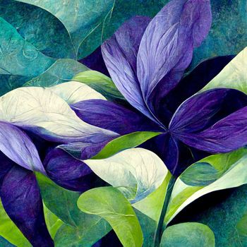 Purple and blue watercolor flowers with green stems and leaves. Watercolor art background. 