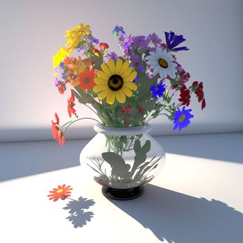 Spring flowers bouquet in glass vase in sunlight. 