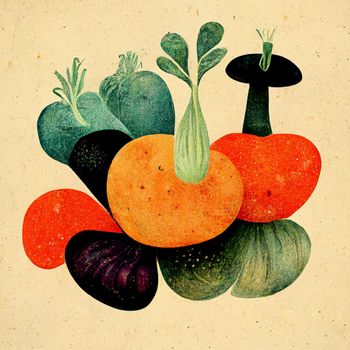 Abstract contemporary modern art. Minimalist retro  illustration with vegetables and fruits.
