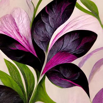 Purple and pink watercolor flowers with green stems and leaves. Watercolor art background.