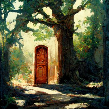 Brown doorway is on a trail in the magic forest.