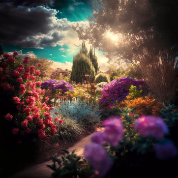 Magic garden in sunlight, beautiful flowers. Beauty in nature. Beautiful garden in realistic style. 
