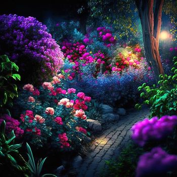 Magic garden in sunlight, beautiful flowers. Beauty in nature. Beautiful garden in realistic style. 