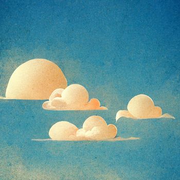 Cloudscape, blue sky with clouds and sun, retro art style. 