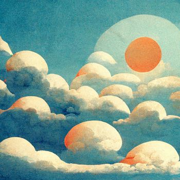 Cloudscape, blue sky with clouds and sun, retro art style. 