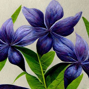 Purple and blue watercolor flowers with green stems and leaves.