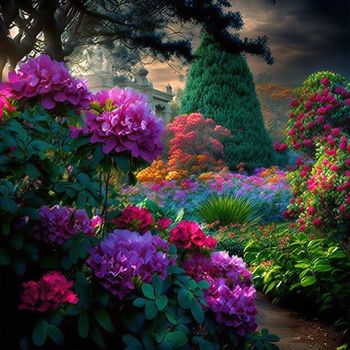 Magic garden in sunlight, beautiful flowers. Beauty in nature. 